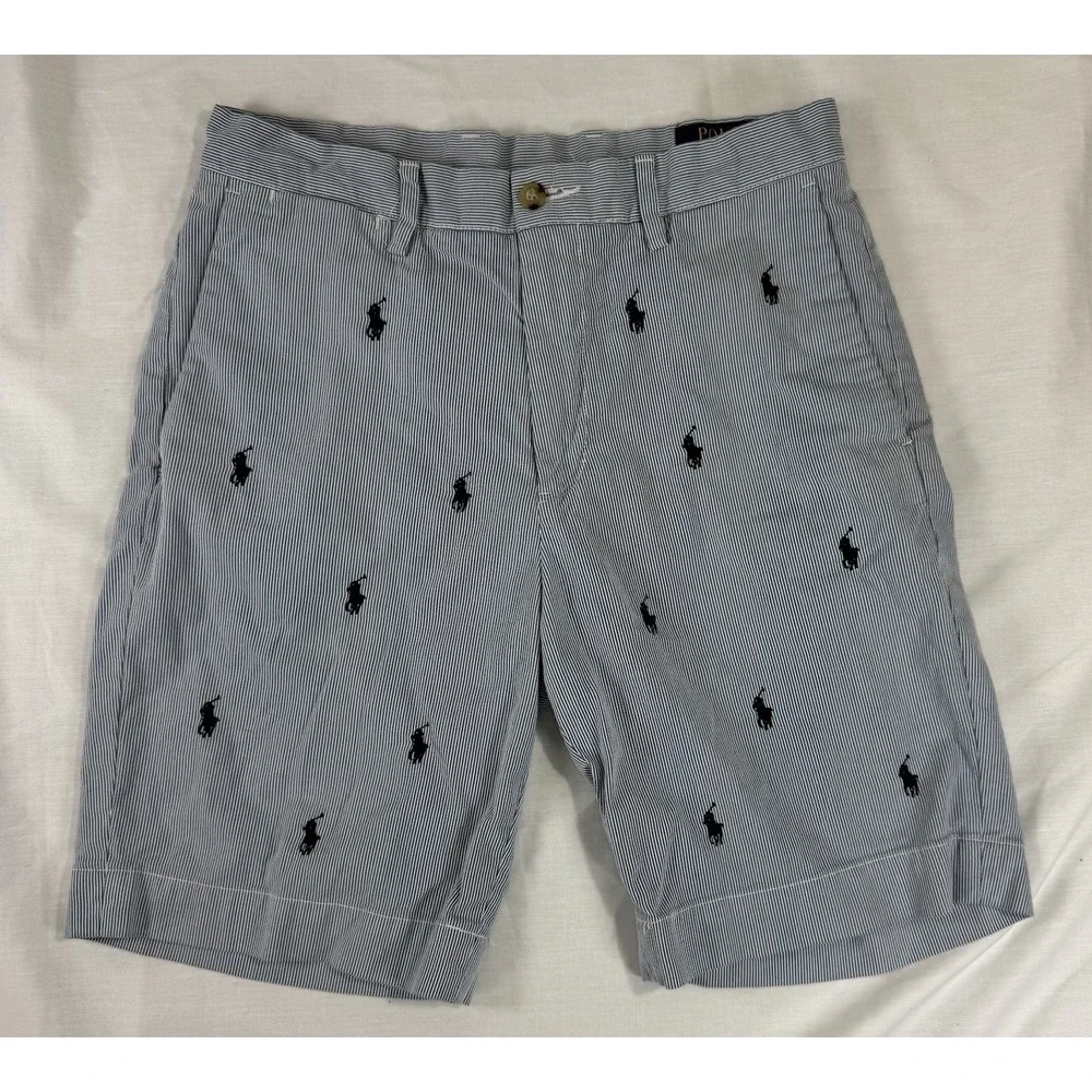 Polo Ralph Lauren Shorts Blue White Seersucker‎ Chino Pony Logo All Over Mens 29